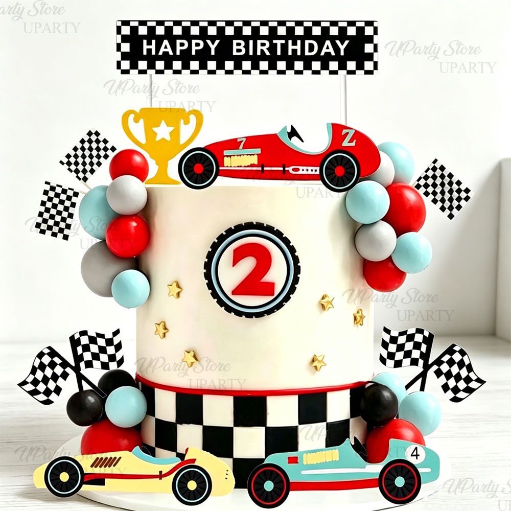 Lighting Mcqueen Birthday Decor - Hiasan Kue Balap Abu-abu Biru Merah